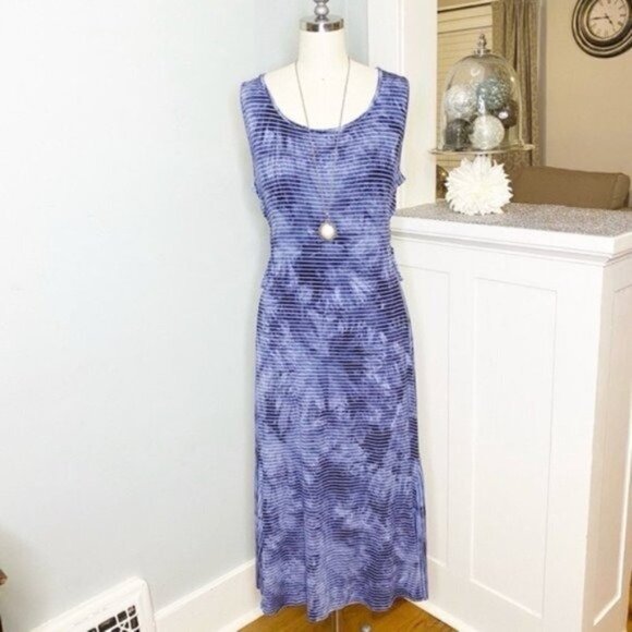 Chico’s Tie Dye Maxi Dress Striped Nautical Blue White Sundress Small - Picture 2 of 11